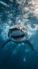 A shark swim underwater, marine life habitant. Shark with big jaw and sharp teeth attacks underwater in ocean. Dangerous shark in sea. Marine wildlife