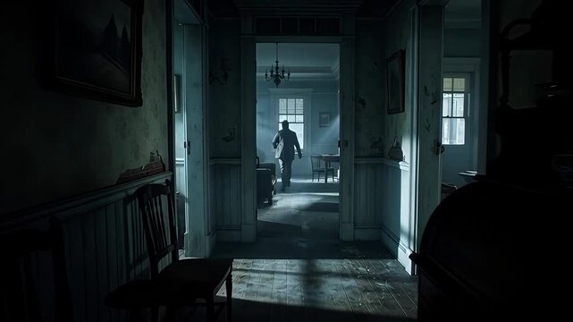 Mysterious Figure in Dark Hallway of Abandoned House.
