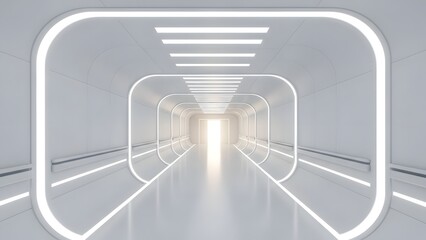 A long, pristine white futuristic tunnel with sleek glowing lines leads towards a brilliant light at its distant end