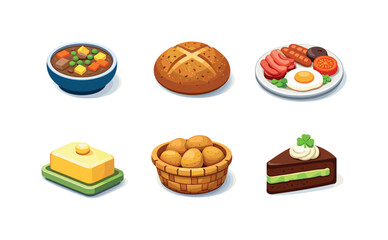 Irish Food Icons. Irish Food. Isometric flat vector icons set of irish food: stew bowl, soda bread loaf, full breakfast plate, butter dish, potato basket,
