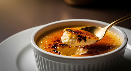 The creme brulee dessert in the style of macro photography, caramel and milky shades, presents an exquisite gastronomic pleasure and a crispy crust [with a space to copy]