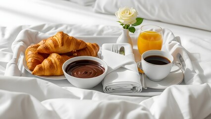 A luxurious breakfast tray with fresh croissants, a cup of coffee, orange juice, and chocolate spread rests on a white bed