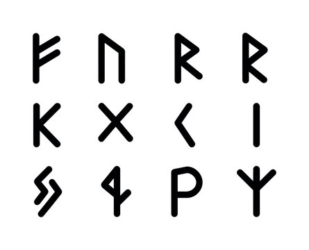 Rune Icon Grid. Runes and meanings. Solid icon set of runes and meanings: fehu wealth, uruz strength, ansuz communication, raidho journey, kenaz knowledge,
