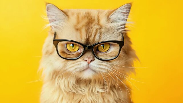 A cat wearing glasses looks directly at the camera with a grumpy expression over yellow background