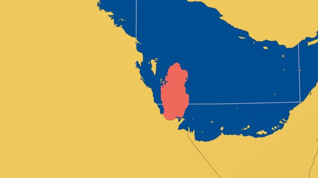 Qatar on Globe. Animated zoom into the country in Ocean Blue Golden Yellow color palette. Qatar logo animation. Map with meridians, parallels. Classic video.