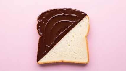 A single slice of white toast bread is artistically covered diagonally with rich dark chocolate spread on a bright pink background