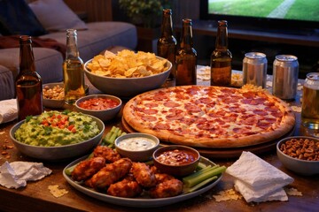 Obraz premium Pepperoni pizza party table with beer and snacks during football match night. Concept of emotional soccer watching, casual home gathering and comfort food lifestyle for advertising.