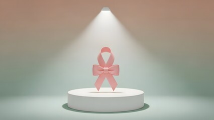 A vibrant pink breast cancer awareness ribbon is prominently displayed on a clean white cylindrical pedestal under a bright, focused spotlight
