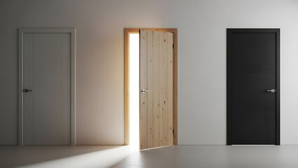 Three different interior doors are presented, with the central light wooden door ajar, allowing bright light to stream into the subtly lit room