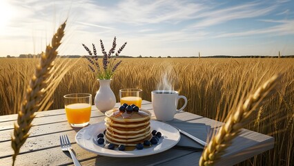 A rustic breakfast with pancakes, juice, and coffee is set on a wooden table in a golden wheat field under a blue sky