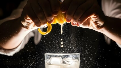 A bartender's hands powerfully squeeze a citrus peel, creating a beautiful spray of zest and oil over a glass of ice