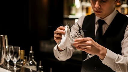 A focused bartender meticulously polishes a wine glass with a white cloth behind a dimly lit bar, ensuring perfection