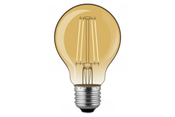 Glowing light bulb with silver base yellow glow filament isolated on a transparent background