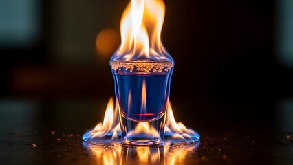 A fiery blue cocktail shot glass with a sugared rim burns intensely on a reflective dark surface