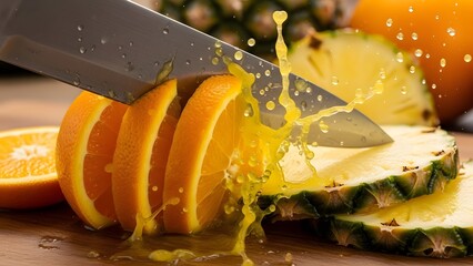 A sharp knife slices through a vibrant orange, causing a dynamic splash of juice onto a wooden cutting board next to pineapple slices