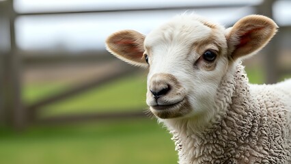 Obraz premium Young white lamb with pink ears looking at camera in pastoral farm setting with wooden fence and green grass background for agriculture content.