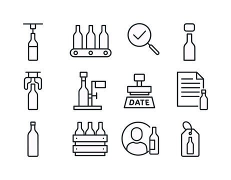 Wine Bottling Outline Icons. Wine Bottling Process. Line icon set of Wine Bottling Process: bottle filling nozzle, conveyor belt, quality check symbol, cork