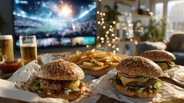 Cheeseburgers and beer served for home soccer viewing evening. Concept of football broadcast watching, friendly atmosphere, fan emotions and easy food setup for marketing visuals.