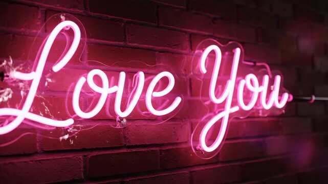 Romantic 'Love You' neon sign lights up with sparks. Pink glowing text animation on a dark brick wall for Valentine's Day.