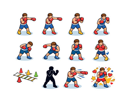 Colorful Boxing Icons. Boxing exercises. Colorful isometric vector icons set of boxing exercises: jab punch, cross punch, hook punch, uppercut punch, defensive