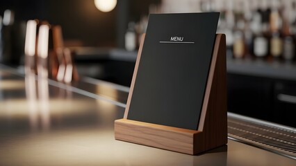 A sleek black menu card stands on a modern wooden holder at a bar.