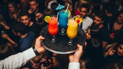 A server carries a tray with three vibrant, colorful cocktails above a lively crowd.