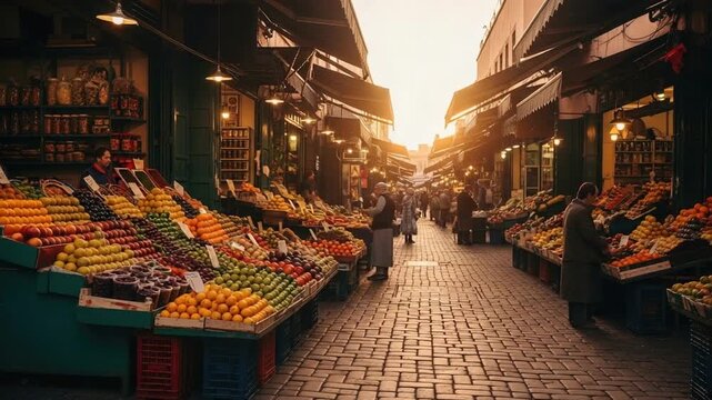 Vibrant Market Scene: A bustling outdoor market with stalls overflowing with a colorful array of fresh produce. People navigate the crowded cobblestone streets bathed in warm sunlight.