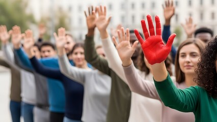 A diverse group of people raises hands, one with a red painted palm.