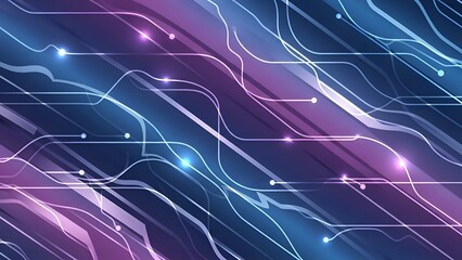 Abstract Pixelated Background with Flowing White Lines and Glowing Blue Accents on a Gradient Purple and Blue Backdrop