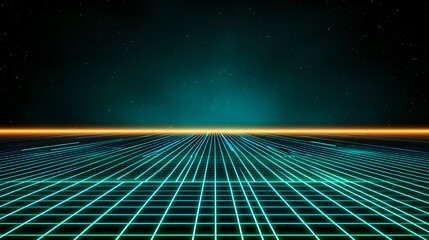 Futuristic digital landscape with glowing grid and starry background evokes sense of wonder

