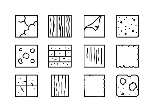 Worn Texture Icons. Worn textures. Line icon set of Worn textures: cracked wall, weathered wood, peeling surface, rough concrete, rust spots, brick erosion,
