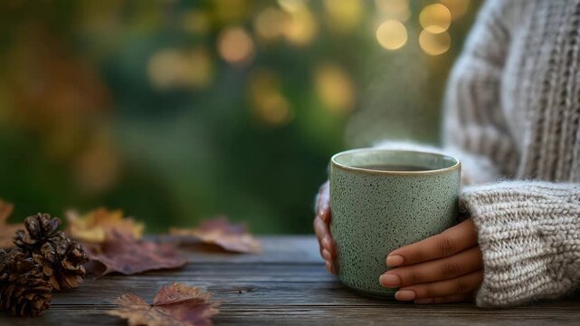 Close-up of hands holding a steaming mug on a wooden table, autumn leaves and soft light blurred in background, seasonal cozy mood, neutral holiday concept, and warm textures, phot