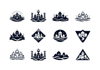 Obraz premium Atlantean Icons Set. Atlantean myth. Icon set. Set Logo of Atlantean myth: submerged city skyline. harmonious logo variations: Stylized detail, Symmetrical