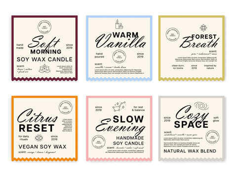 Candle label templates showcasing different scents and blends for different moods