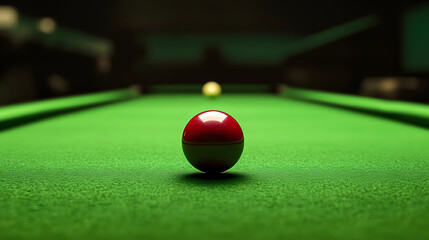 Snooker closeup: red ball on a green table with a distant yellow ball.