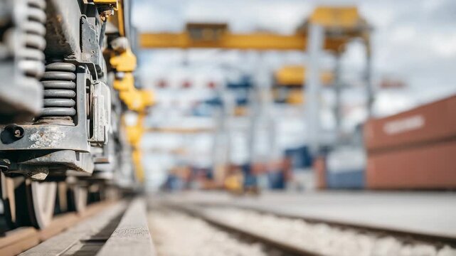 Close-up of interlocking train couplers connecting cargo cars, metal textures and hydraulic mechanisms highlighted, blurred rail yard in background, freight logistics, rail transpo