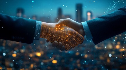 Two businessmen shaking hands with a cityscape in the background at night with a digital glow