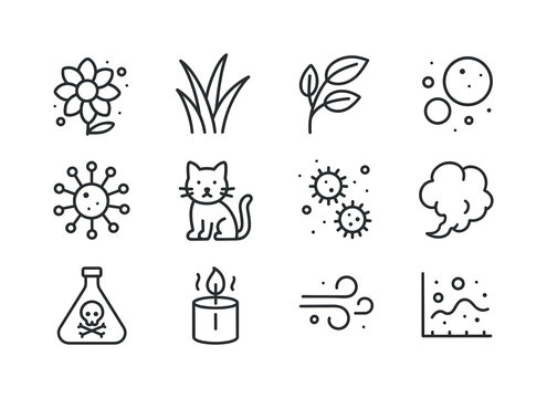 Allergy Trigger Icons. Allergy triggers. Line icon set of Allergy triggers: blooming flower, grass blade, tree branch, dust particle, mold spore, pet dander