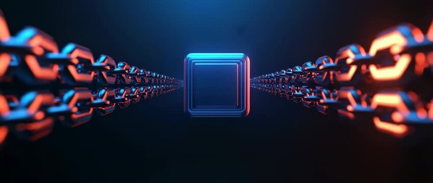Glowing digital block connected by metallic chains receding into the darkness