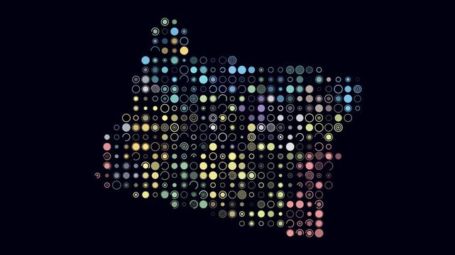 Oregon animated shape. Pulsating colored dots on the map of the state. Large size circle blocks. Digital style Oregon map on dark background. Stylish animation video.