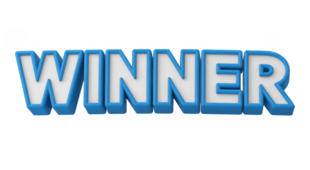 3D blue and white winner text isolated on a transparent background