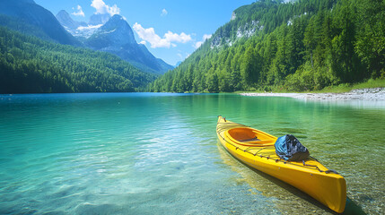 A yellow kayak on a turquoise mountain lake with forest backdrop. Scenic outdoors close up.