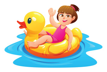 Obraz premium Little girl in swimsuit waving from a yellow duck inflatable ring in the pool. Vector cartoon illustration