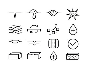 Skin Healing Icons. Skin healing. Line icon set of Skin healing: wound outline, clot formation symbol, scab icon, fibroblast cell, collagen strand, repair