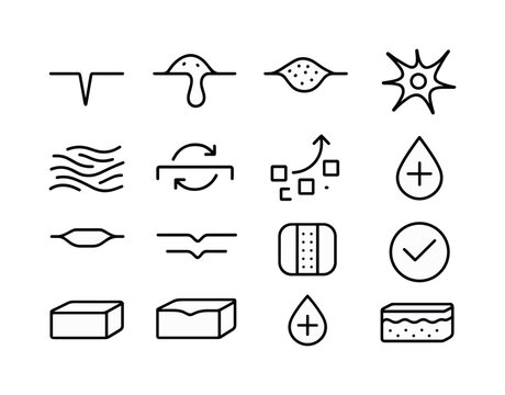 Skin Healing Icons. Skin healing. Line icon set of Skin healing: wound outline, clot formation symbol, scab icon, fibroblast cell, collagen strand, repair