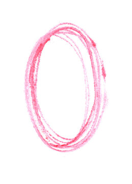 Hand drawn pink watercolor pencil oval frame border on wet white paper. Abstract light pink painted sketchy oval ring stroke, minimalist design element with crayon texture and soft bleeding edges