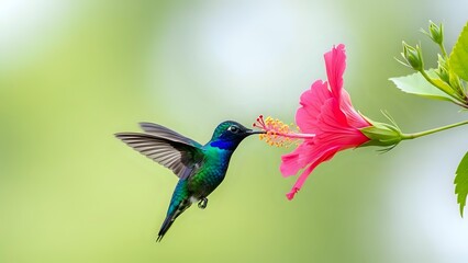 Obraz premium Tiny hummingbird with iridescent green and blue feathers hovering near bright pink hibiscus flower against soft blurred natural background.