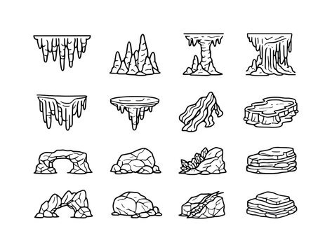 Rock Formation Icons. Rock formations. Line icon set of rock formations: stalactite cluster, stalagmite cluster, column formation, flowstone, cave drapery,