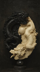 Highly detailed anime style sculpture of black and white dragons forming a yin yang symbol representing balance and harmony