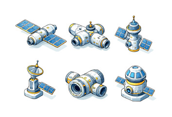 Naklejka premium Isometric Space Station Icons. Space Station. Isometric flat vector icons set of Space Station: solar array module, habitation module, control tower,